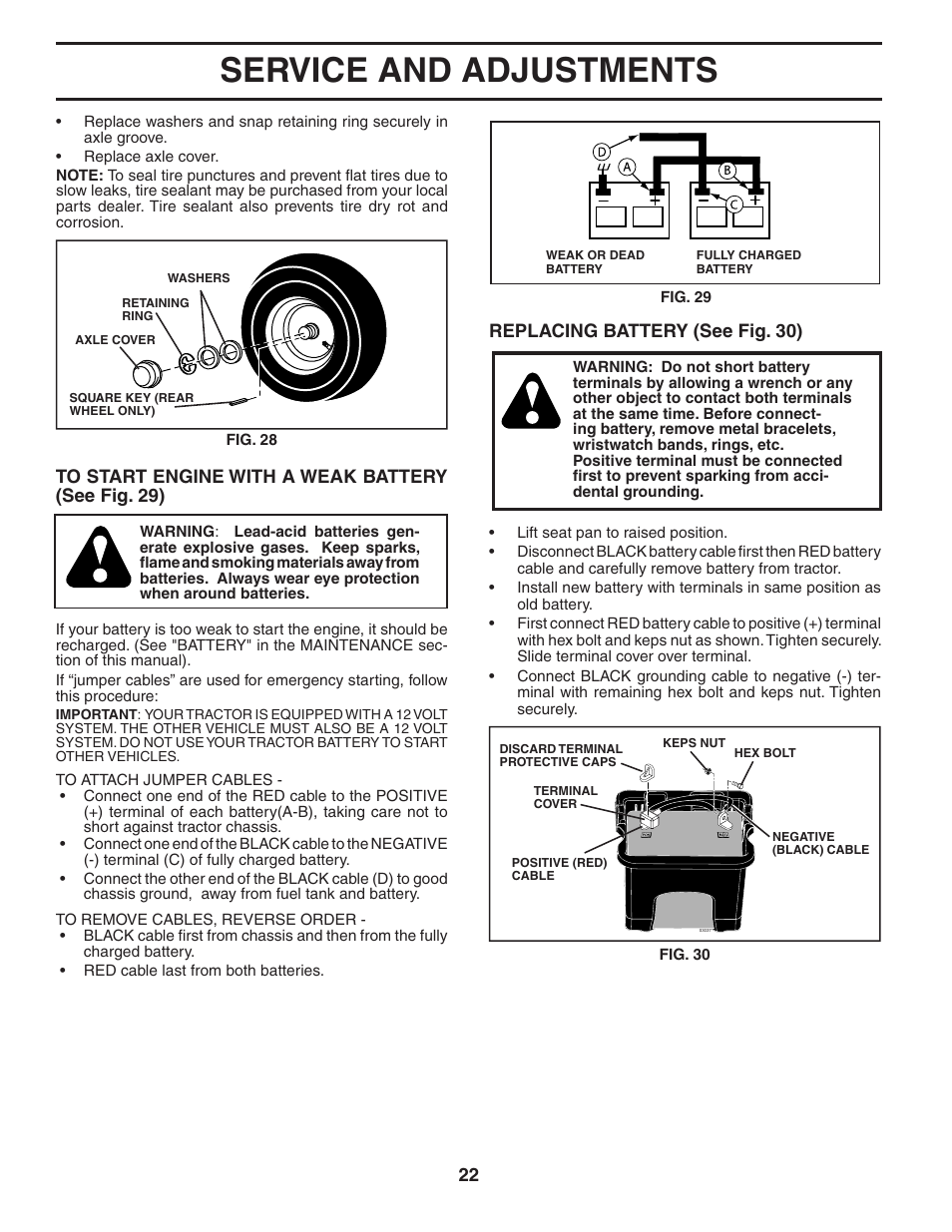 Service and adjustments, Replacing battery (see fig. 30) | Poulan 403808 User Manual | Page 22 / 30
