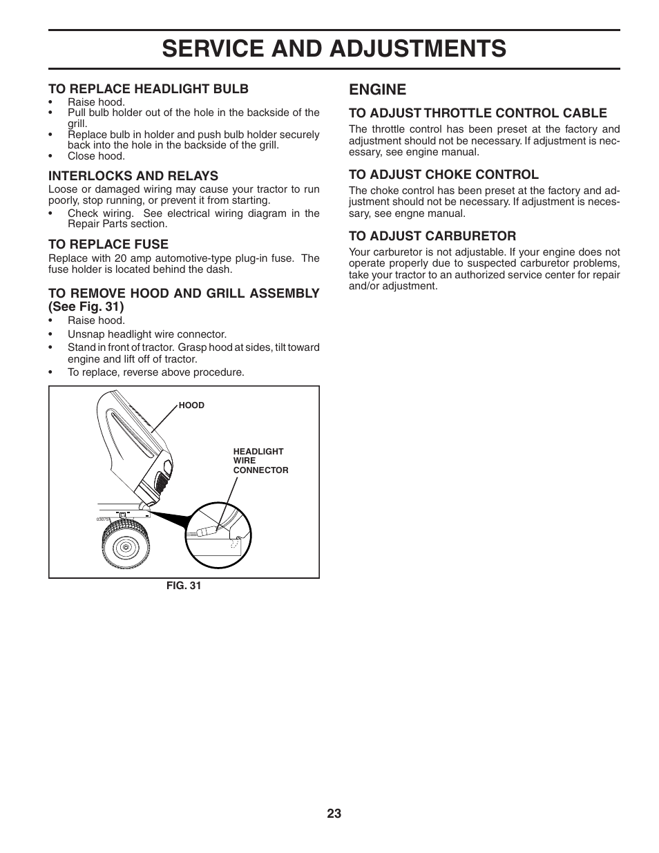 Service and adjustments, Engine | Poulan 403808 User Manual | Page 23 / 30