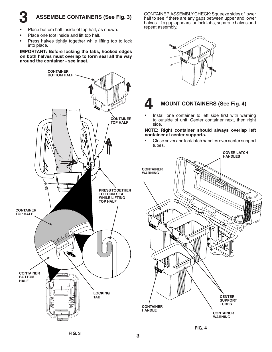 Assemble containers (see fig. 3), Mount containers (see fig. 4) | Poulan LTGTB48A User Manual | Page 3 / 8