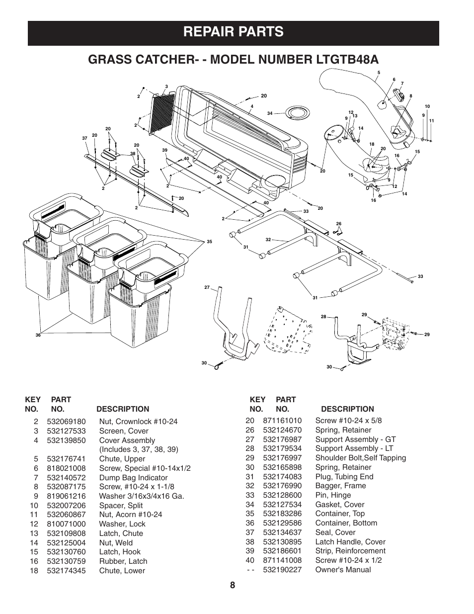 Repair parts, Grass catcher- - model number ltgtb48a | Poulan LTGTB48A User Manual | Page 8 / 8