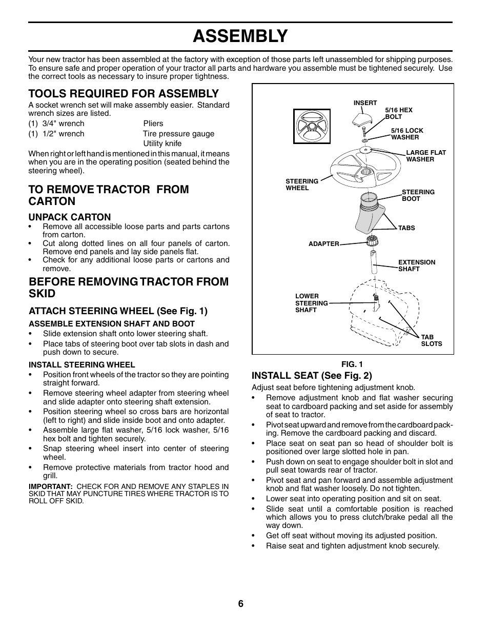 Assembly, Tools required for assembly, Before removing tractor from skid | Poulan 195620 User Manual | Page 6 / 30