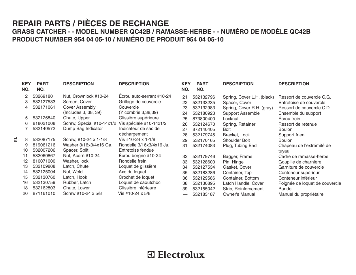 Repair parts / pièces de rechange | Poulan 183187 User Manual | Page 13 / 13