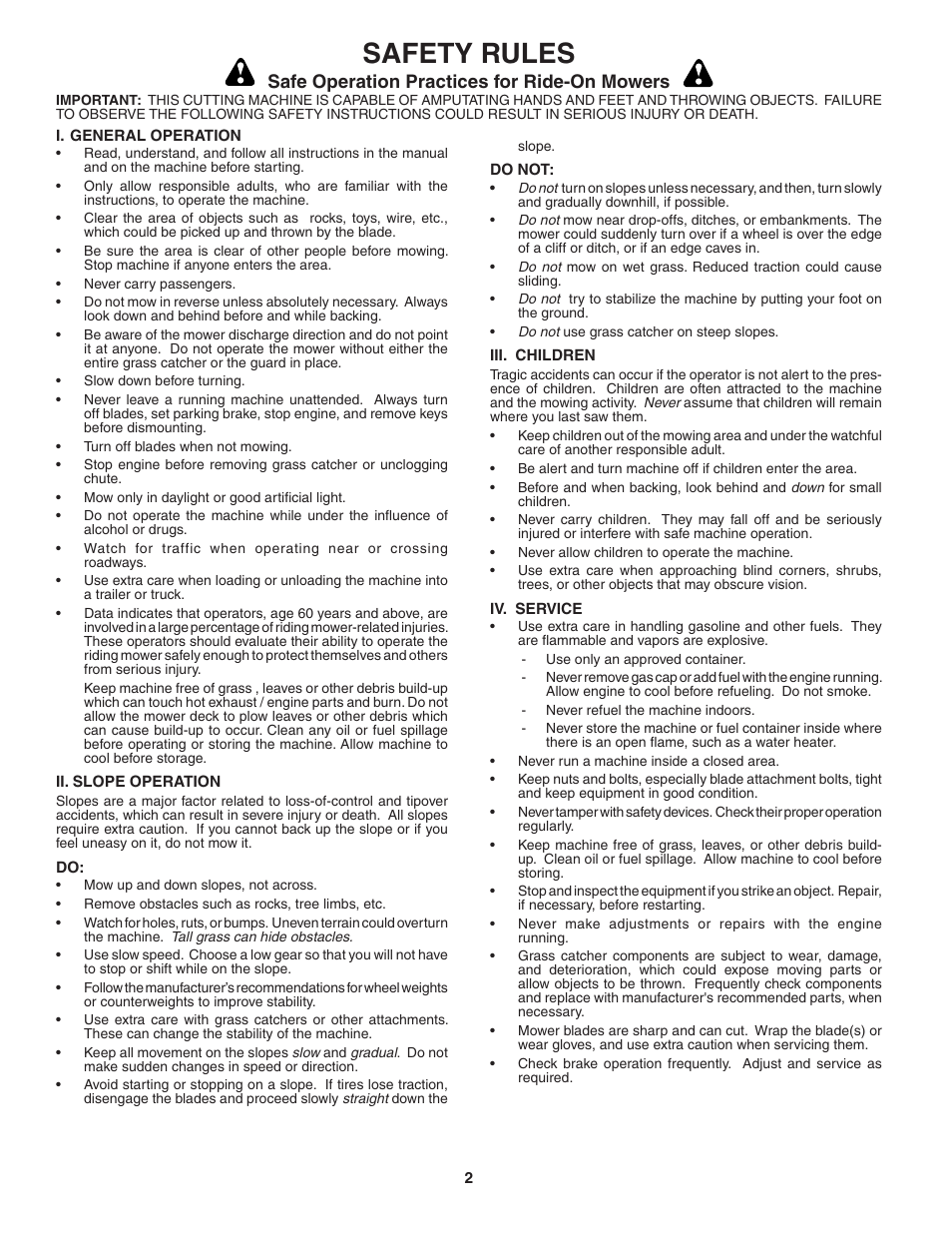 Safety rules, Safe operation practices for ride-on mowers | Poulan 183187 User Manual | Page 2 / 13