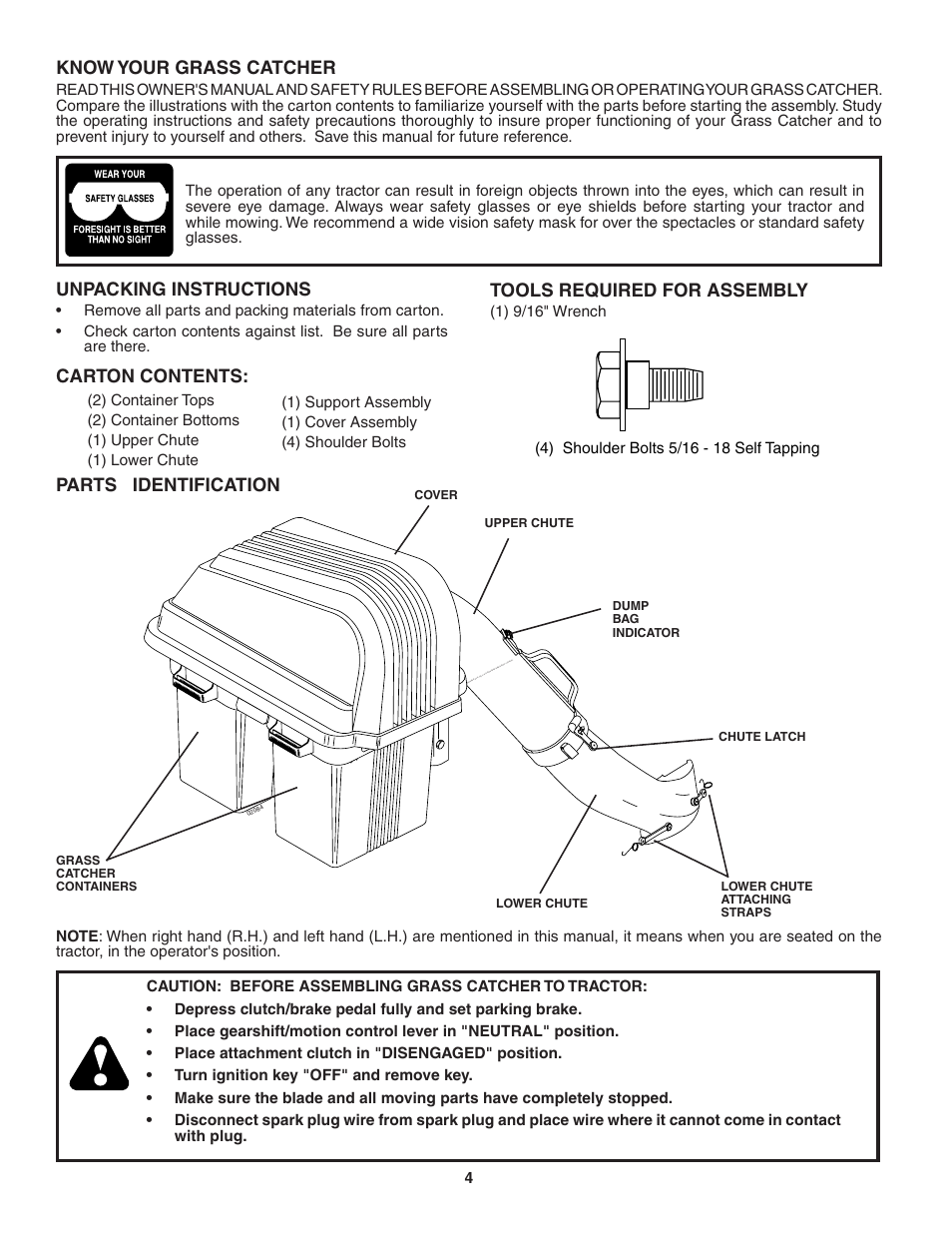 Know your grass catcher, Unpacking instructions, Carton contents | Tools required for assembly, Parts identification | Poulan 183187 User Manual | Page 4 / 13