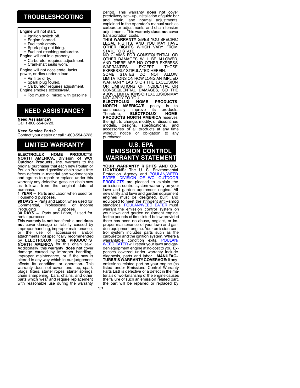 Troubleshooting, Need assistance, Limited warranty | U.s. epa emission control warranty statement | Poulan 530087857 User Manual | Page 12 / 13