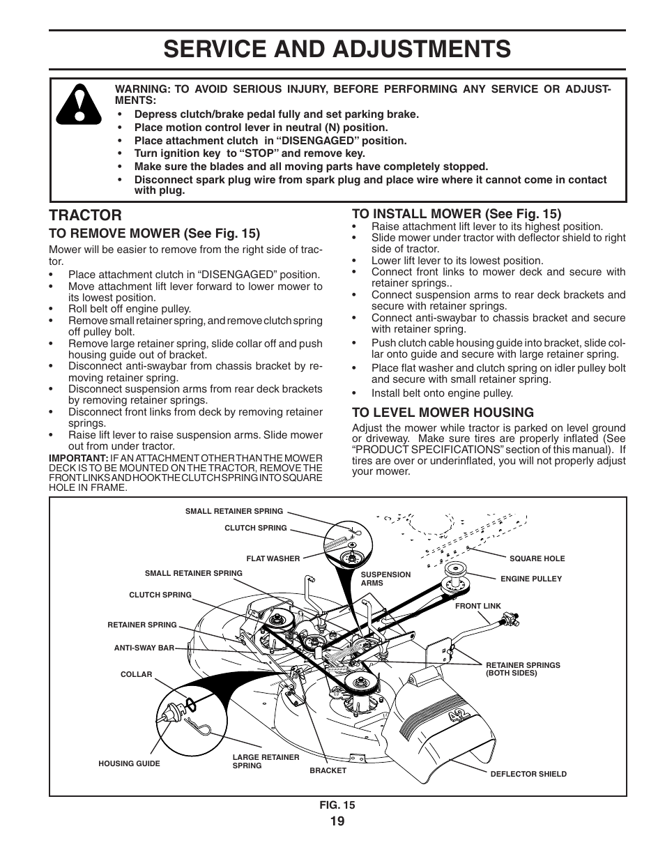 Service and adjustments, Tractor | Poulan 194992 User Manual | Page 19 / 30