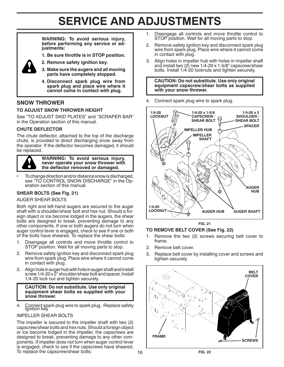 Service and adjustments, Snow thrower | Poulan 96192002401 User Manual | Page 16 / 40