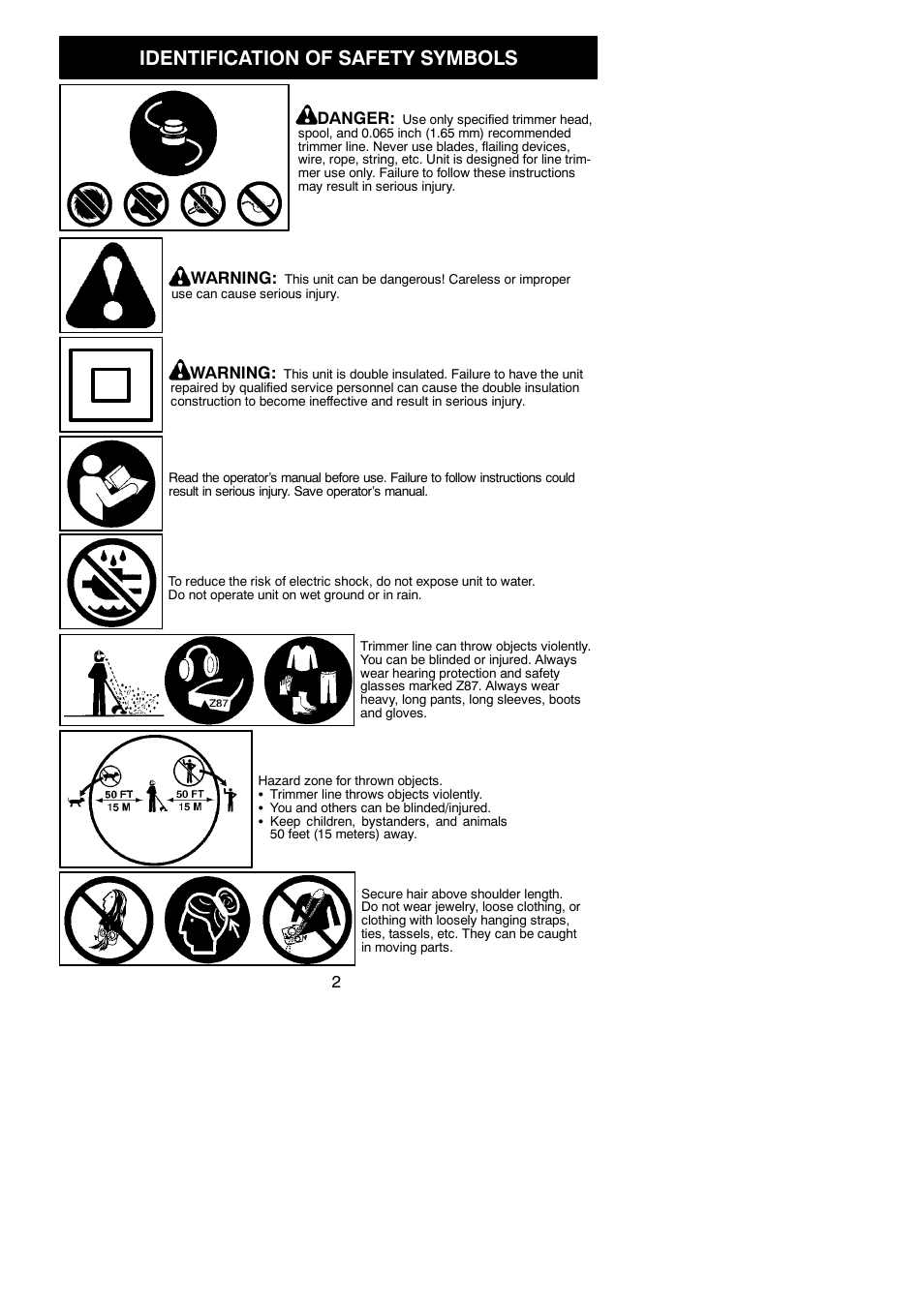Identification of safety symbols | Poulan Mini Trim Auto 545186764 User Manual | Page 2 / 12