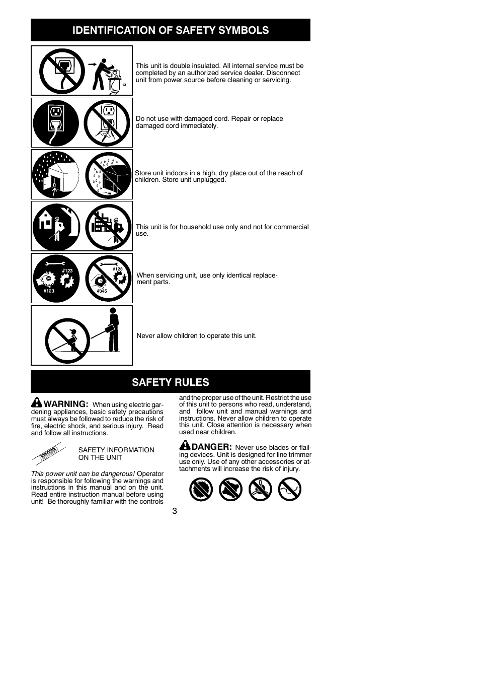 Identification of safety symbols, Safety rules | Poulan Mini Trim Auto 545186764 User Manual | Page 3 / 12