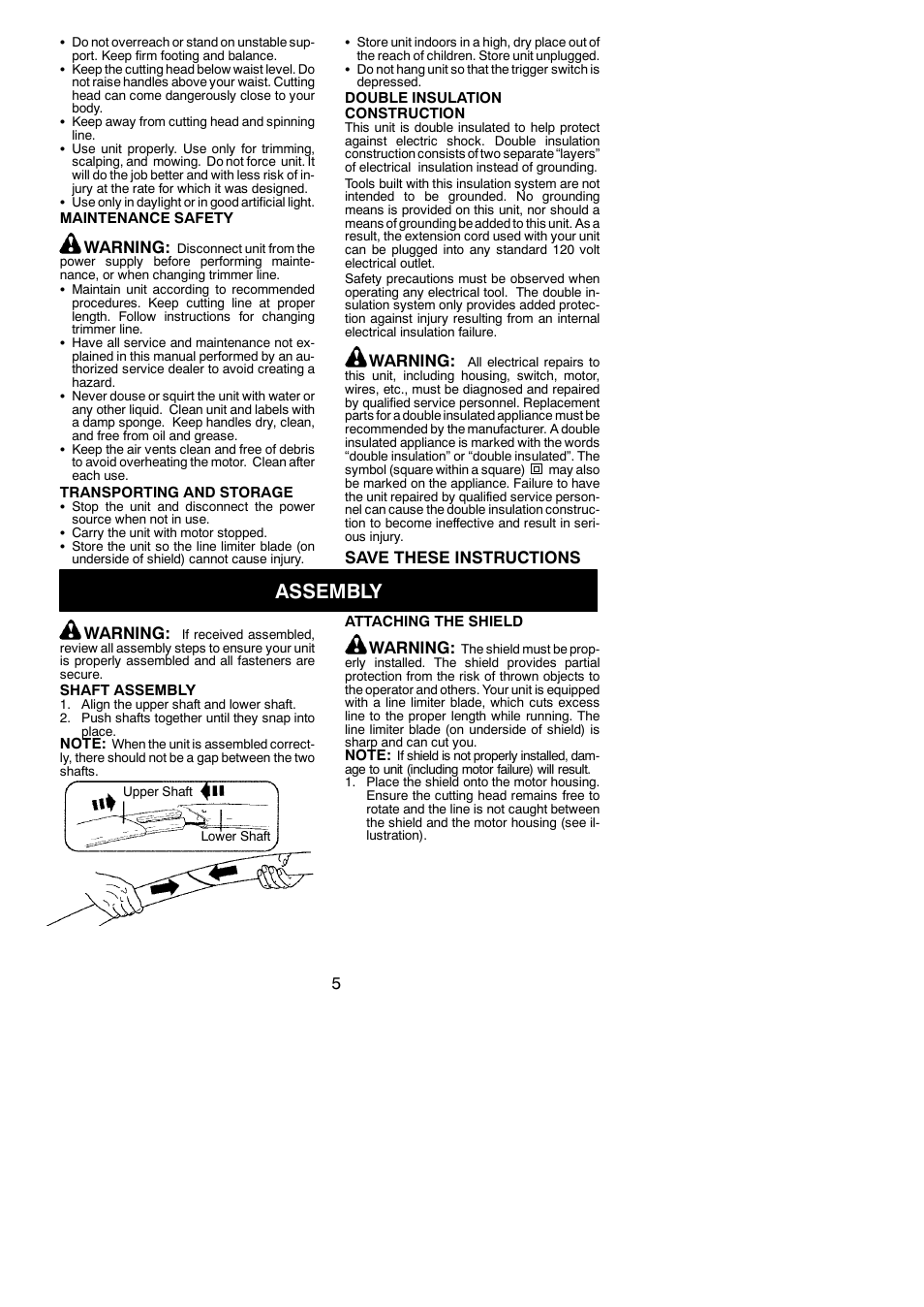 Assembly, Warning, Save these instructions | Poulan Mini Trim Auto 545186764 User Manual | Page 5 / 12