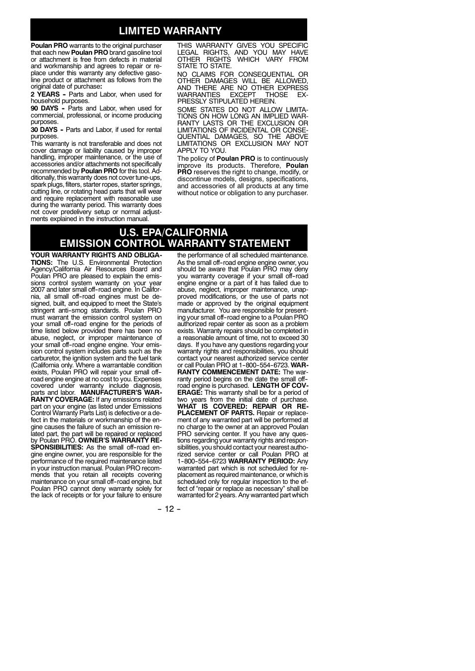 Limited warranty | Poulan 545137216 User Manual | Page 12 / 13
