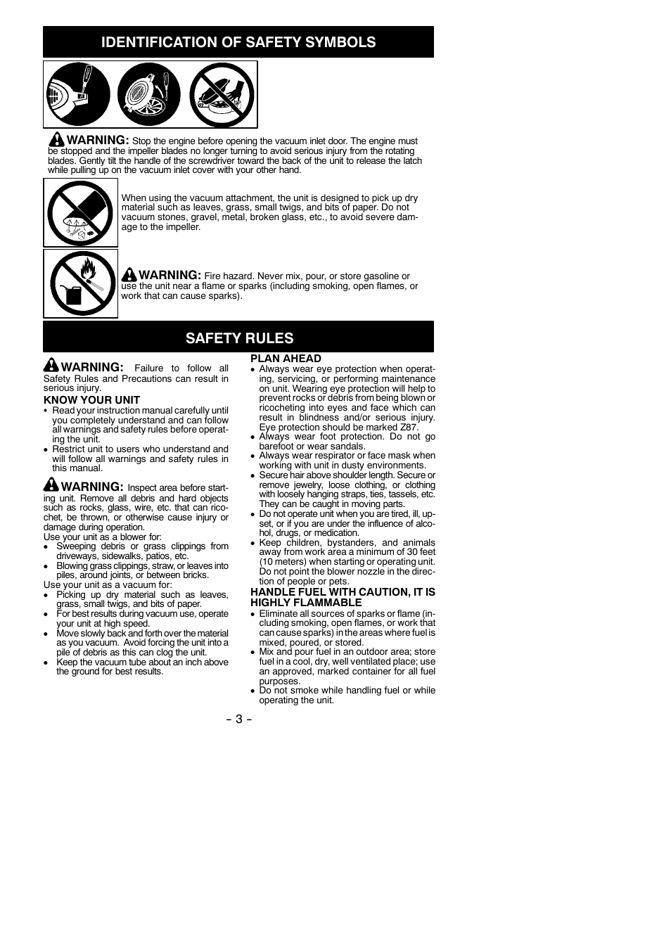 Identification of safety symbols, Safety rules, Warning | Poulan 545137216 User Manual | Page 3 / 13