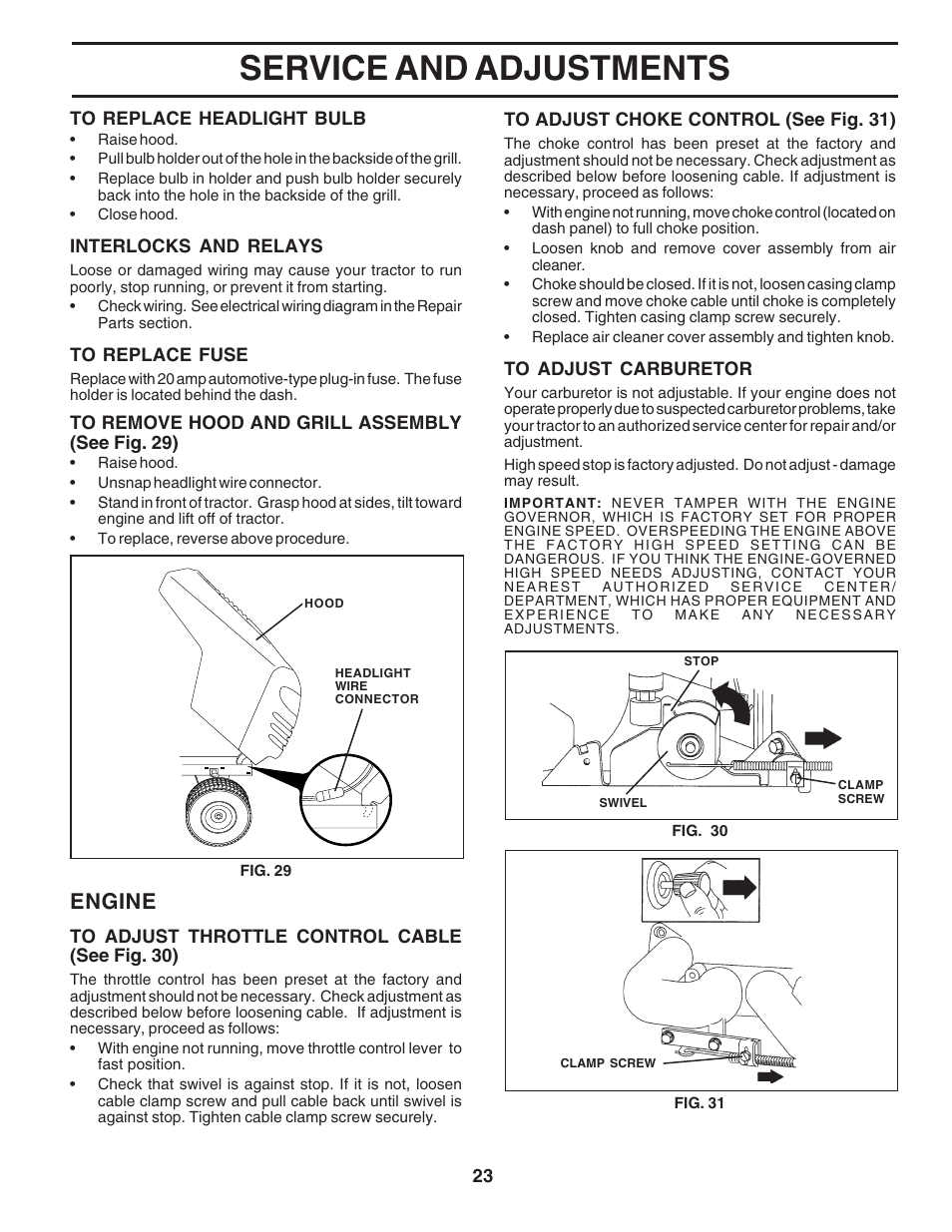 Service and adjustments, Engine | Poulan 183748 User Manual | Page 23 / 48