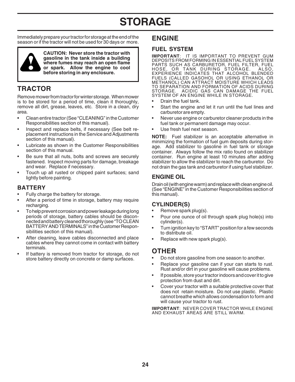 Storage, Tractor, Engine | Other | Poulan 183748 User Manual | Page 24 / 48