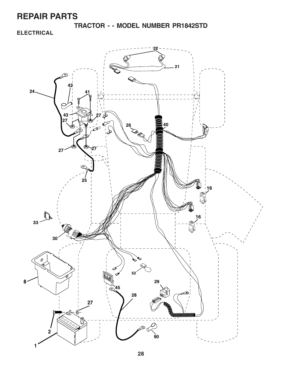 Repair parts, Tractor - - model number pr1842std, Electrical | Poulan 183748 User Manual | Page 28 / 48