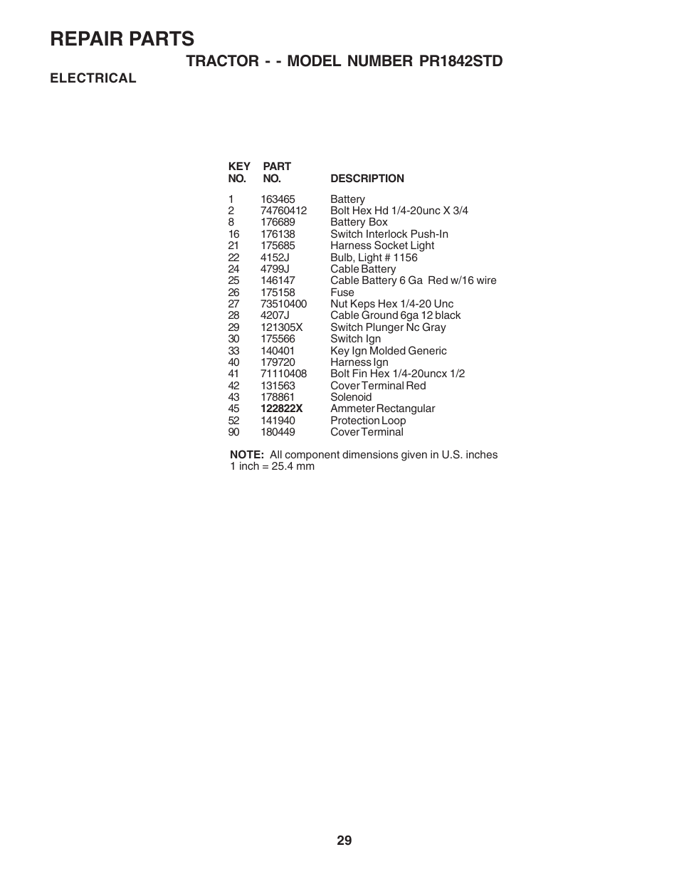 Repair parts, Tractor - - model number pr1842std | Poulan 183748 User Manual | Page 29 / 48
