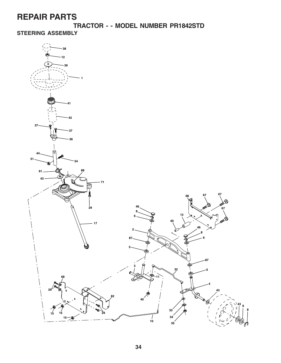 Repair parts, Tractor - - model number pr1842std, Steering assembly | Poulan 183748 User Manual | Page 34 / 48