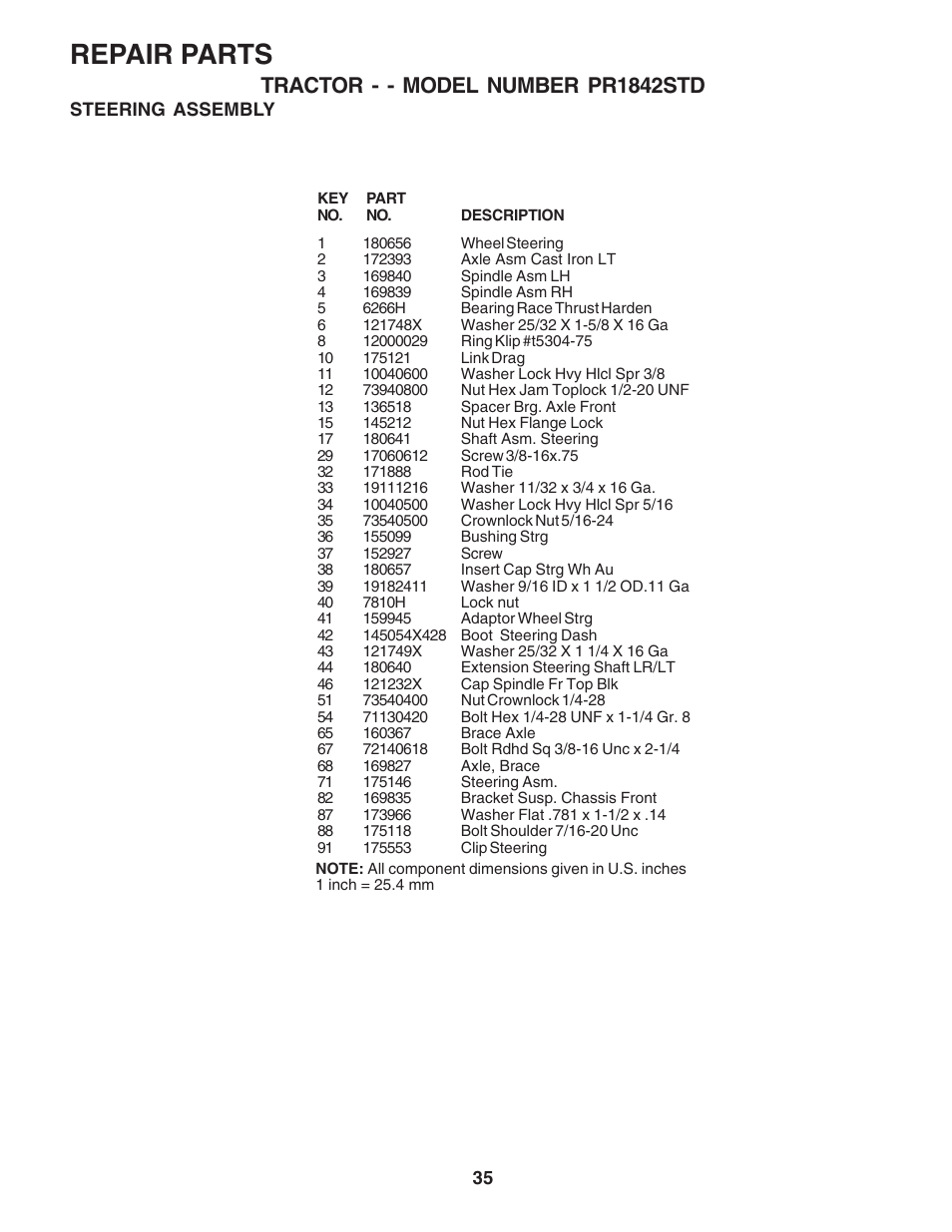 Repair parts, Tractor - - model number pr1842std | Poulan 183748 User Manual | Page 35 / 48
