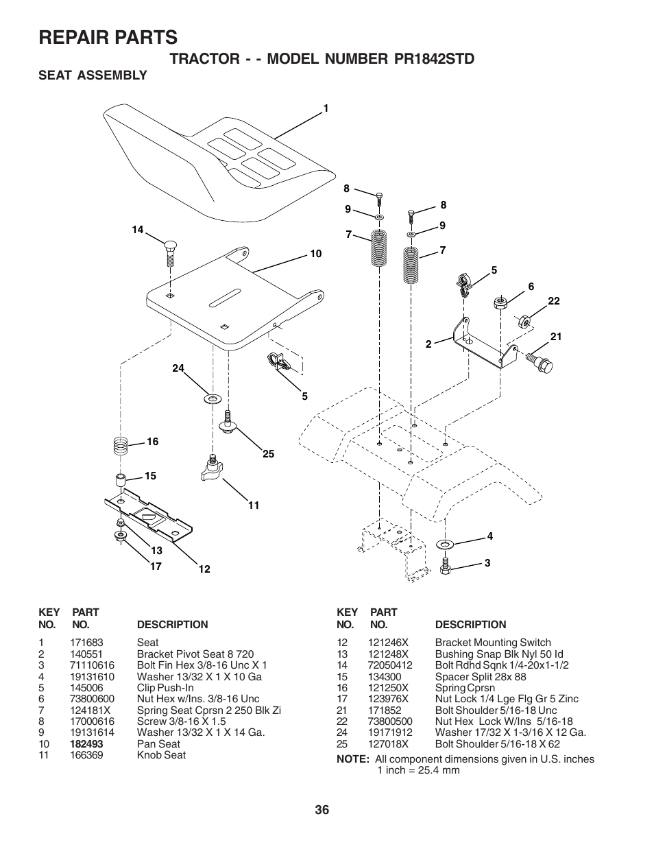 Repair parts, Tractor - - model number pr1842std | Poulan 183748 User Manual | Page 36 / 48