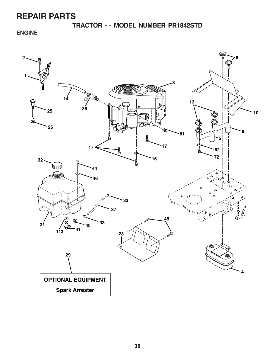 Repair parts, Tractor - - model number pr1842std | Poulan 183748 User Manual | Page 38 / 48