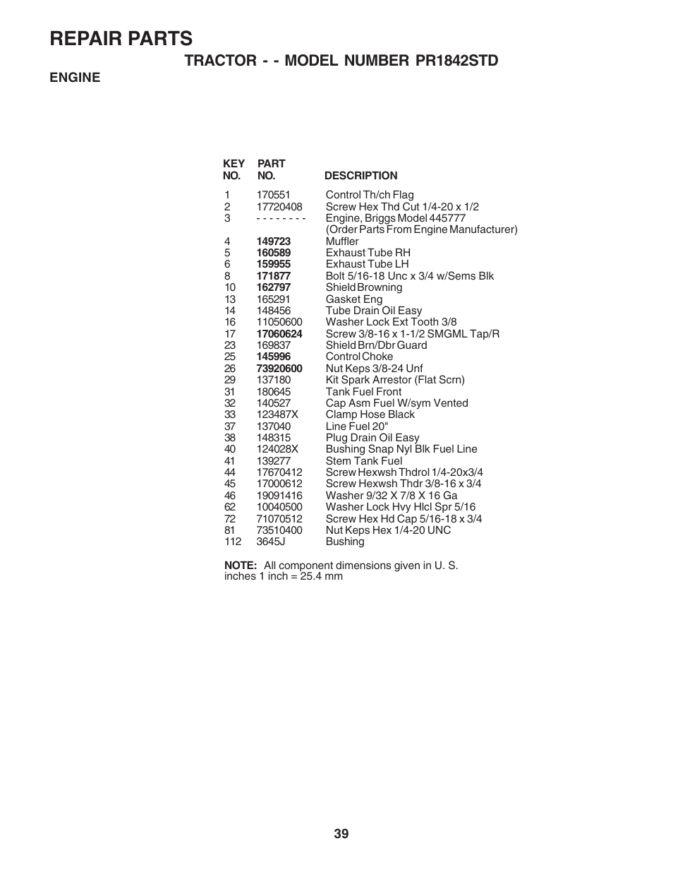 Repair parts, Tractor - - model number pr1842std | Poulan 183748 User Manual | Page 39 / 48