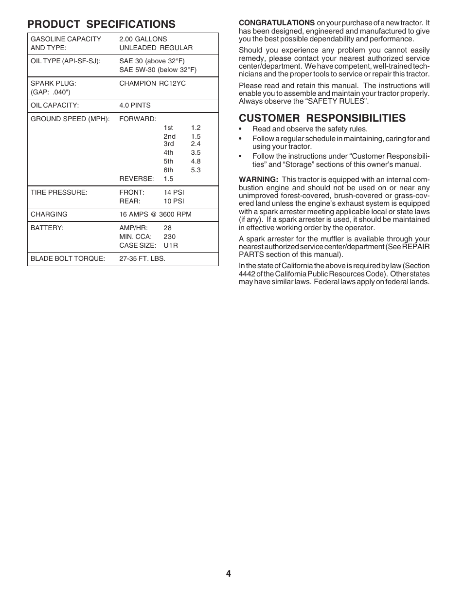 Customer responsibilities, Product specifications | Poulan 183748 User Manual | Page 4 / 48