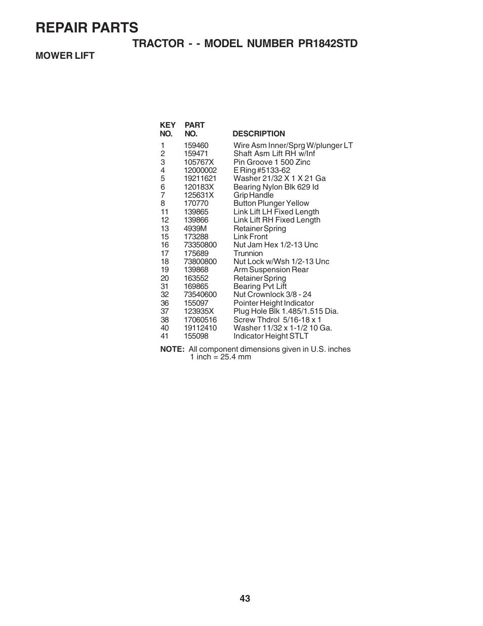Repair parts, Tractor - - model number pr1842std | Poulan 183748 User Manual | Page 43 / 48