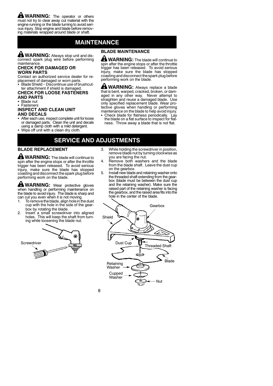 Maintenance, Service and adjustments | Poulan U4000C User Manual | Page 8 / 9