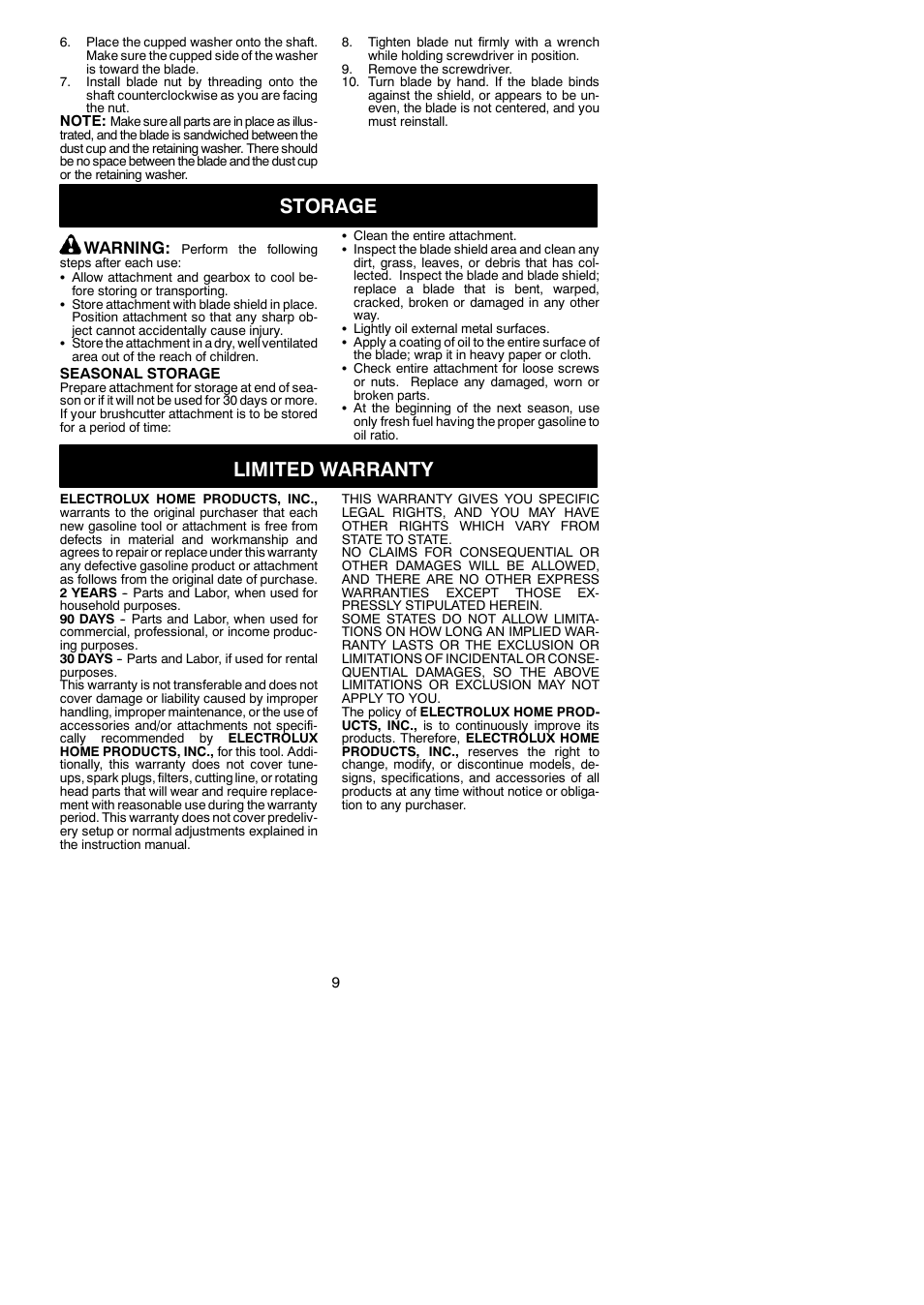 Storage, Limited warranty, Warning | Poulan U4000C User Manual | Page 9 / 9