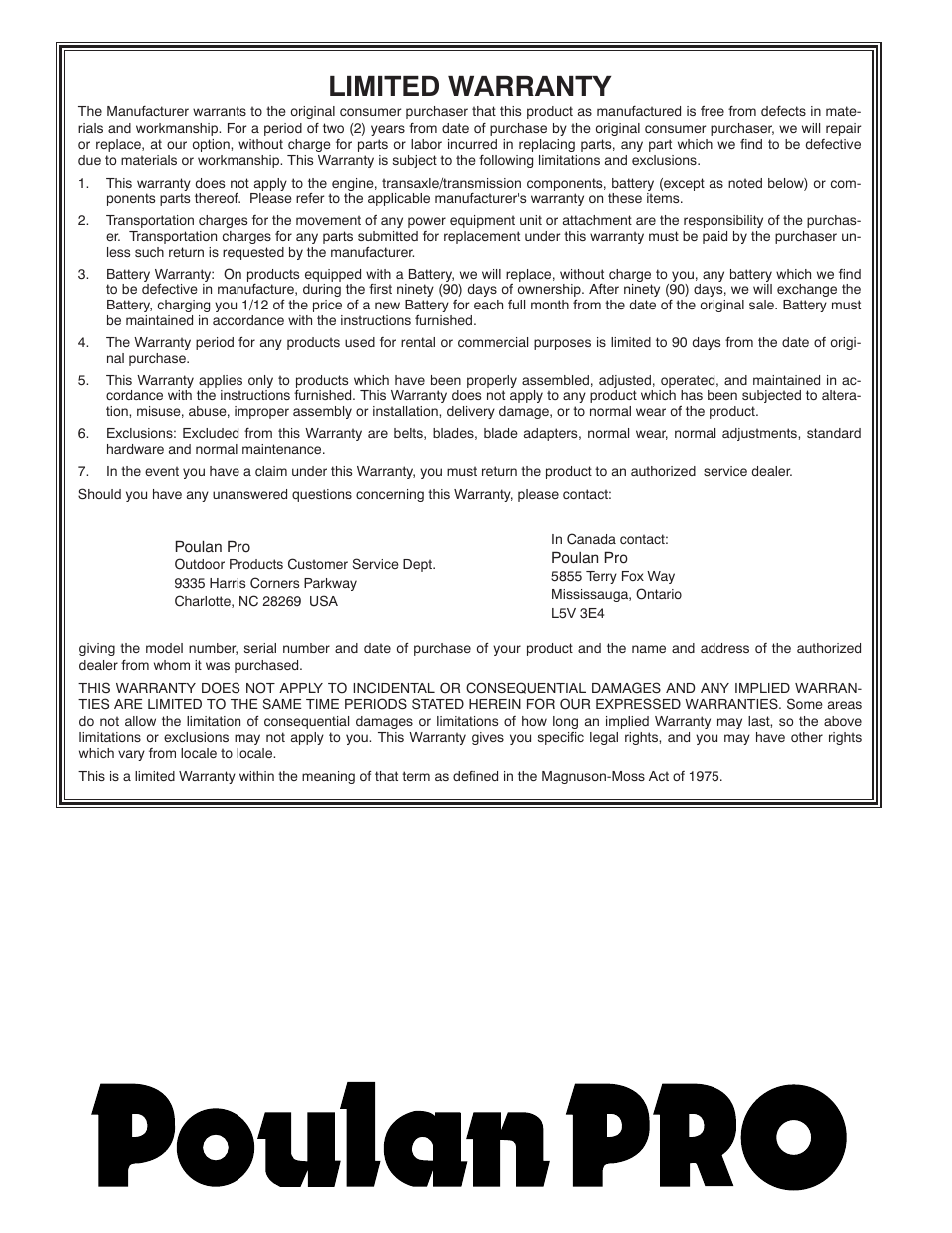 Limited warranty | Poulan Pro PR621 SNOW THROWER User Manual | Page 28 / 28