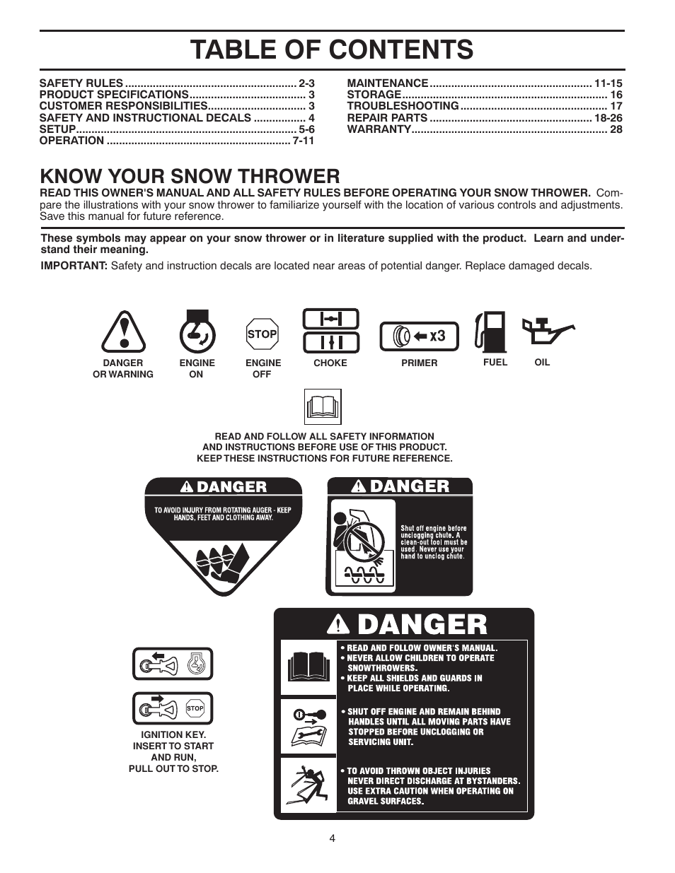 Poulan Pro PR621 SNOW THROWER User Manual | Page 4 / 28