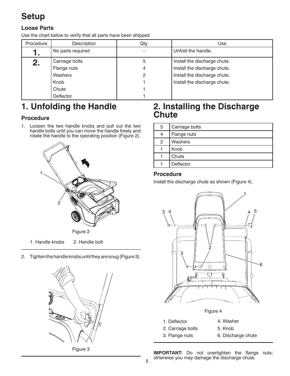 Setup, Unfolding the handle, Installing the discharge chute | Poulan Pro PR621 SNOW THROWER User Manual | Page 5 / 28