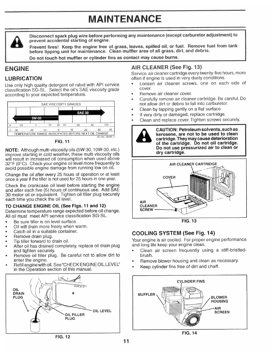 Engine, Air cleaner (see fig. 13), Fig. 13 | Cooling system (see fig. 14), Maintenance | Poulan 194793 User Manual | Page 11 / 36