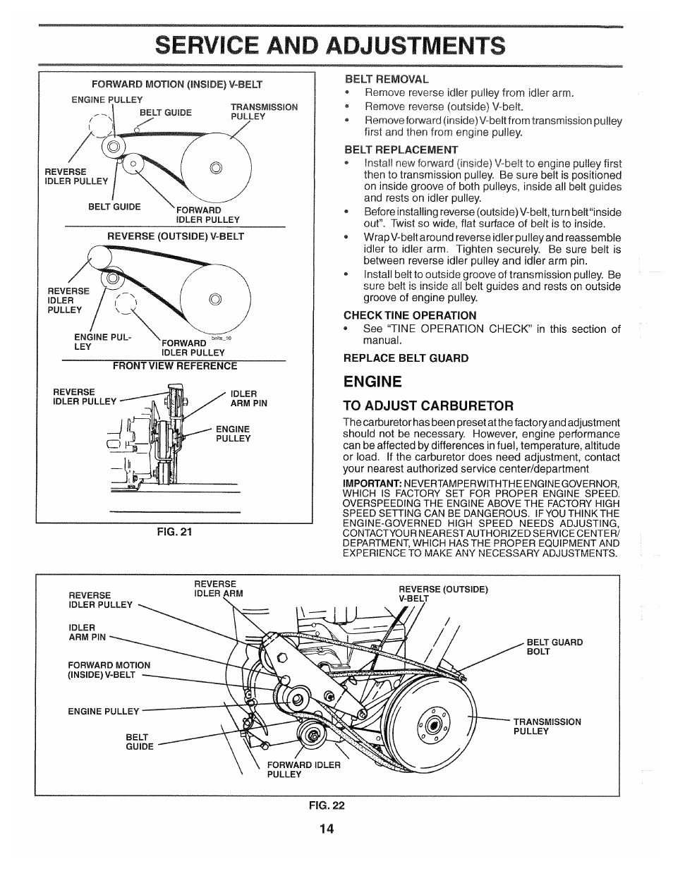 Service and adjustments, Check tine operation, Replace belt guard | Engine, To adjust carburetor | Poulan 194793 User Manual | Page 14 / 36