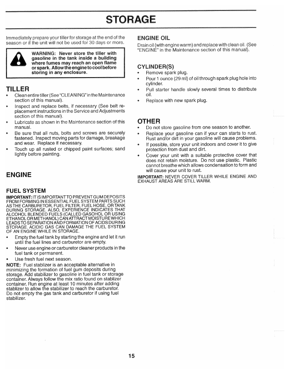 Storage, Engine, Fuel system | Engine oil, Cylinder(s), Other, Tiller | Poulan 194793 User Manual | Page 15 / 36