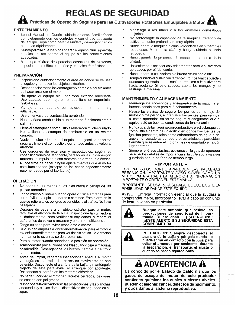 Reglas de seguridad, Preparación, Operación | Mantenimiento y almacenamiento, Importante, Advertencia | Poulan 194793 User Manual | Page 18 / 36