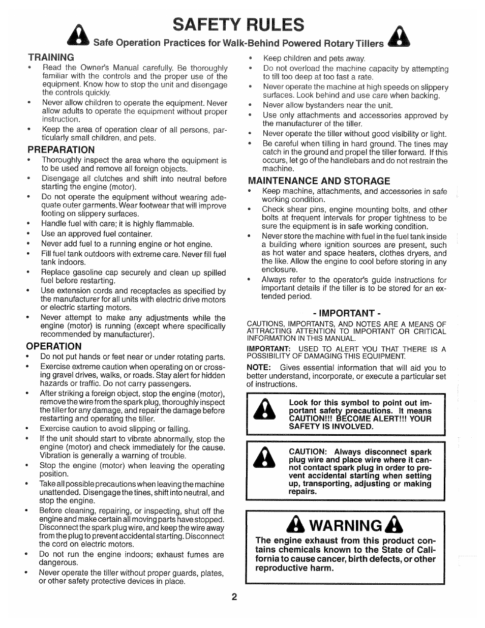 Safety rules, Training, Operation | Maintenance and storage, Important, Warning | Poulan 194793 User Manual | Page 2 / 36