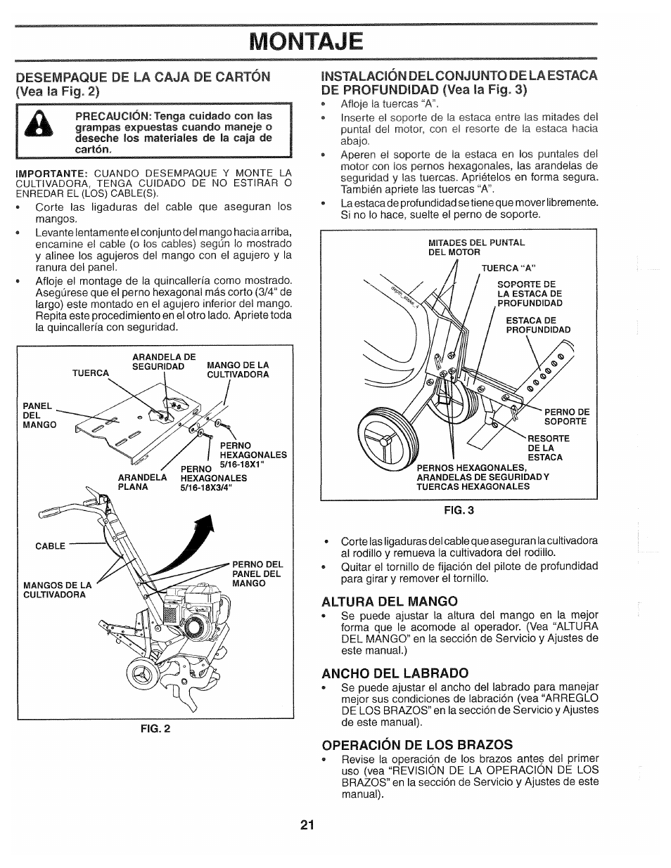 Montaje, Altura del mango, Ancho del labrado | Operación de los brazos | Poulan 194793 User Manual | Page 21 / 36