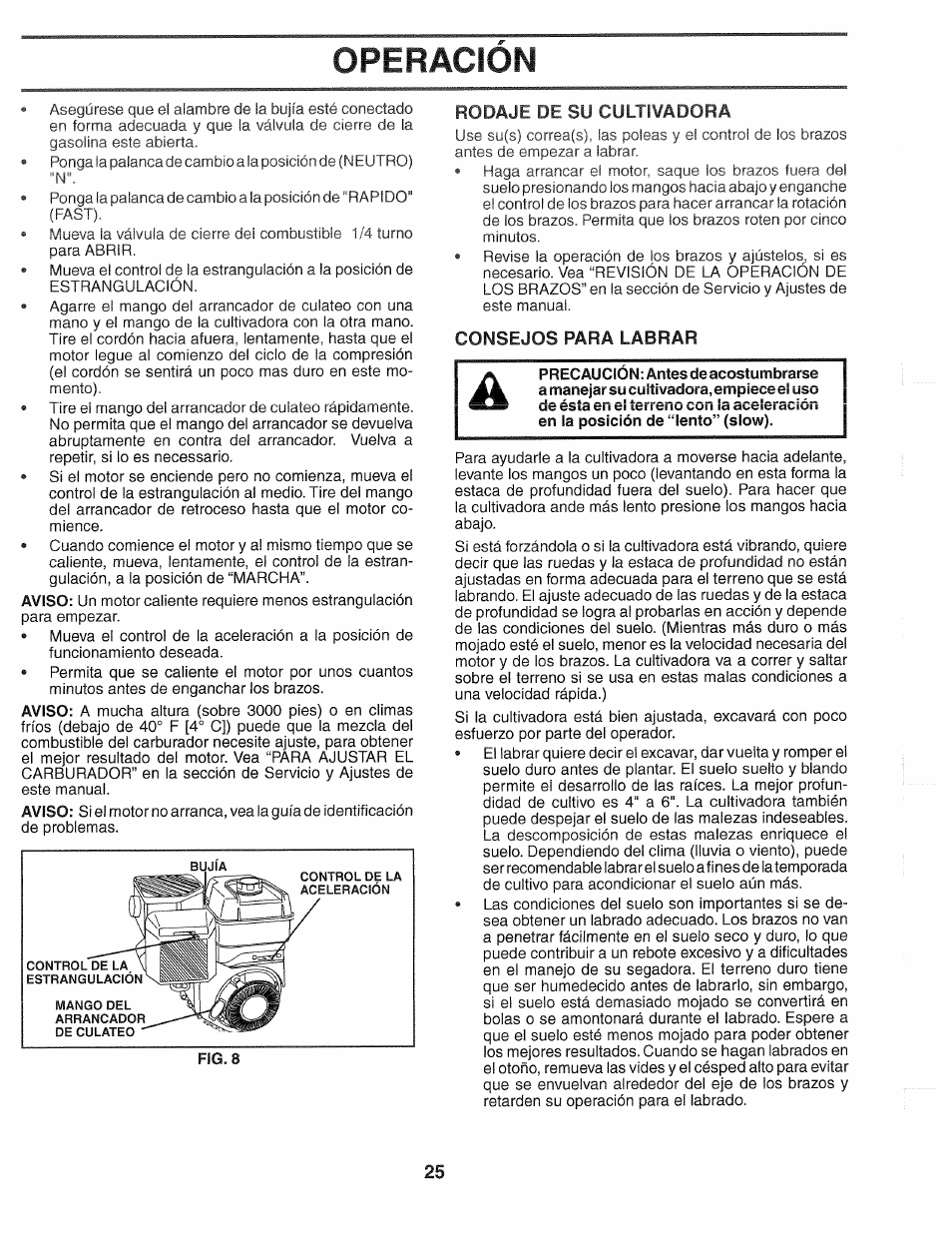 Rodaje de su cultivadora, Consejos para labrar, Operacion | Poulan 194793 User Manual | Page 25 / 36