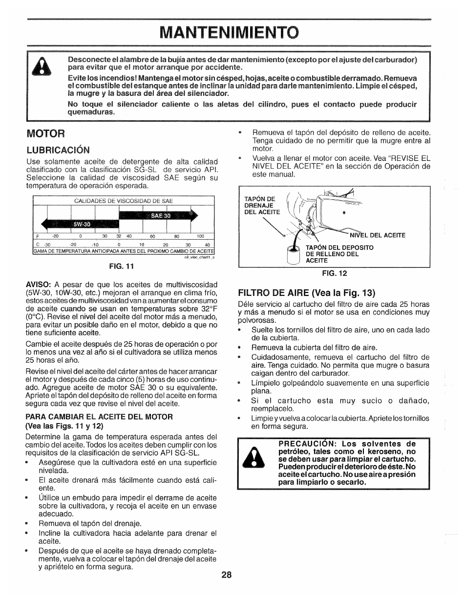 Filtro de aire (vea la fig. 13), Mantenimiento, Motor | Poulan 194793 User Manual | Page 28 / 36