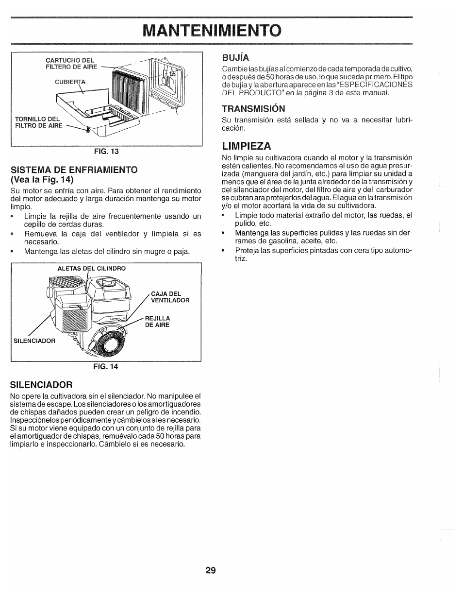 Bujia, Transmisión, Limpieza | Silenciador, Mantenimiento | Poulan 194793 User Manual | Page 29 / 36
