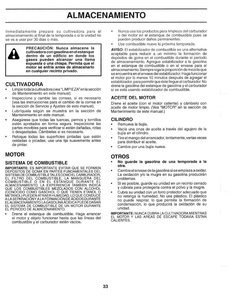 Cultivadora, Motor, Sistema de combustible | Aceite del motor, Cilindro, Otros, Almacenamiento | Poulan 194793 User Manual | Page 33 / 36