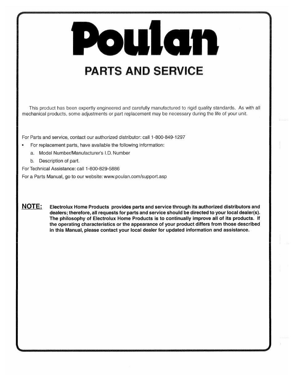 Poulon, Parts and service | Poulan 194793 User Manual | Page 36 / 36