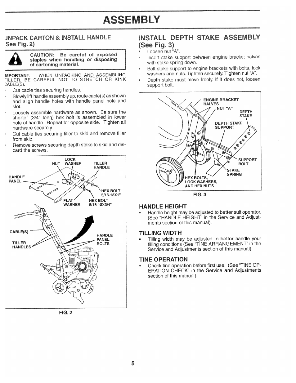 Assembly, Jnpack carton & install handle 'see fig. 2), Install depth stake assembly (see fig. 3) | Handle height, Tine operation, Tilling width | Poulan 194793 User Manual | Page 5 / 36