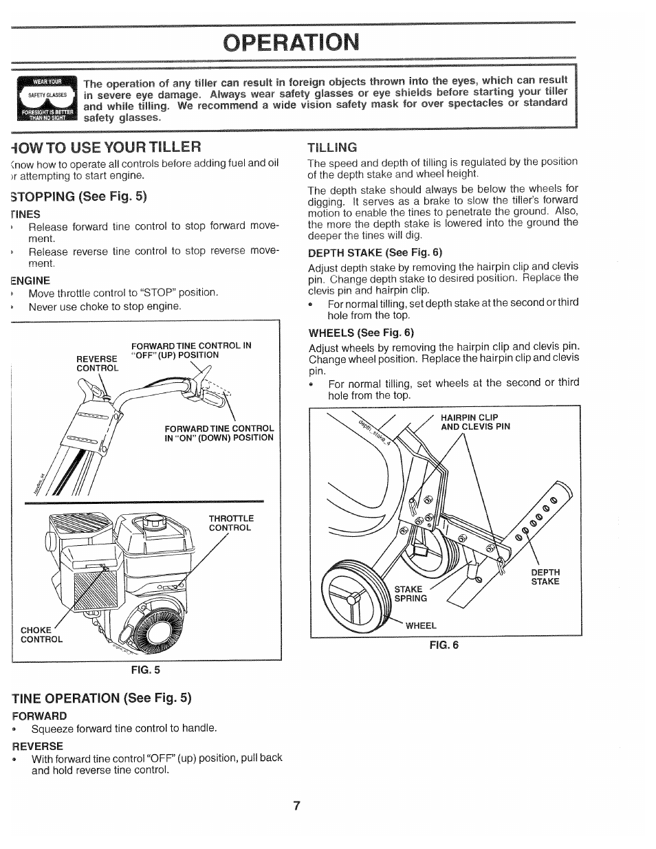 10wt0 use your tiller, Tilling, Fig. 5 | Tine operation (see fig. 5), Forward, Reverse, Operation, Stopping (see fig. 5), Tine | Poulan 194793 User Manual | Page 7 / 36