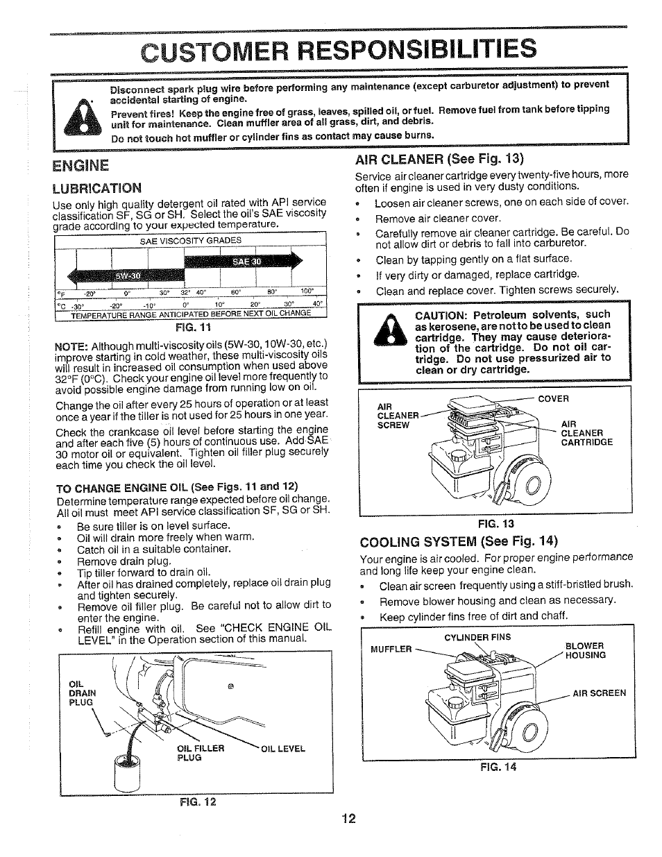 To change engine oil (see figs. 11 and 12), Air cleaner (see fig. 13), Customer responsibilities | Engine | Poulan HDF550H User Manual | Page 12 / 24