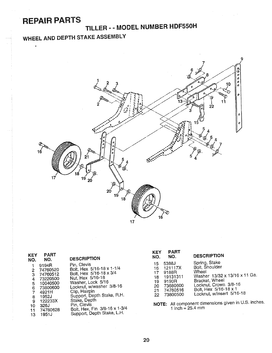 Wheel and depth stake assembly, Repair parts, Tiller - - model number hdf550h | Poulan HDF550H User Manual | Page 20 / 24