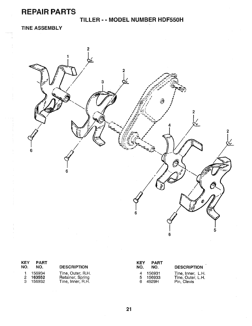 Tine assembly, Repair parts, Tiller - - model number hdf550h | Poulan HDF550H User Manual | Page 21 / 24