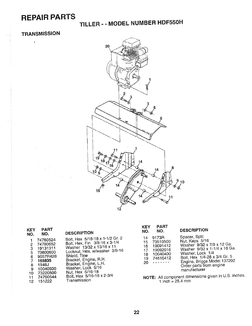 Transmission, Repair parts, Tiller - - model number hdf550h | Poulan HDF550H User Manual | Page 22 / 24