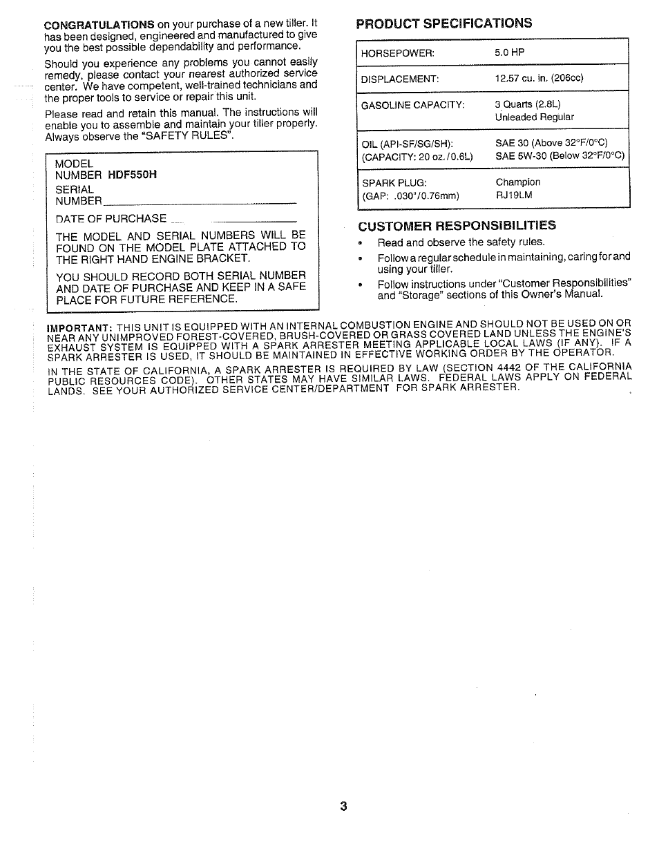 Product specsfscations, Customer responsibilities | Poulan HDF550H User Manual | Page 3 / 24